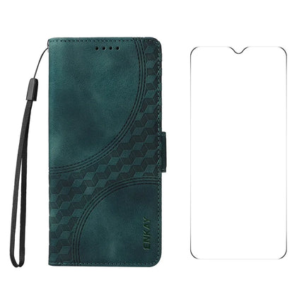 For Samsung Galaxy A06 Wallet Case ENKAY Imprint PU Leather Phone Stand Cover with Tempered Glass - Green