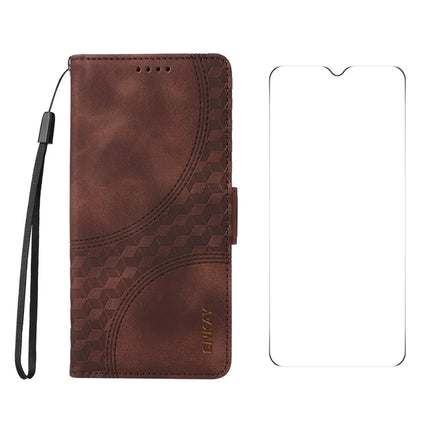 For Samsung Galaxy A06 Wallet Case ENKAY Imprint PU Leather Phone Stand Cover with Tempered Glass - Brown