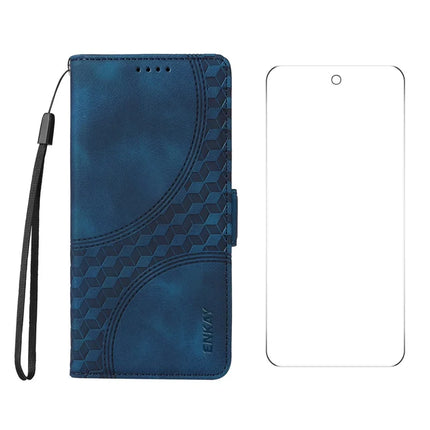 For Google Pixel 9 Pro Wallet Case ENKAY Imprint PU Leather Phone Stand Cover with Tempered Glass - Blue