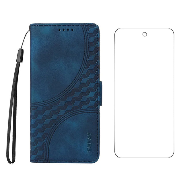 For Google Pixel 9 Pro Wallet Case ENKAY Imprint PU Leather Phone Stand Cover with Tempered Glass - Blue
