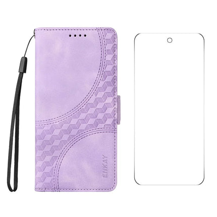 For Google Pixel 9 Pro Wallet Case ENKAY Imprint PU Leather Phone Stand Cover with Tempered Glass - Purple