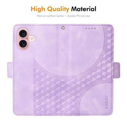 For iPhone 16 Plus Wallet Case ENKAY Imprint PU Leather Phone Stand Cover with Tempered Glass