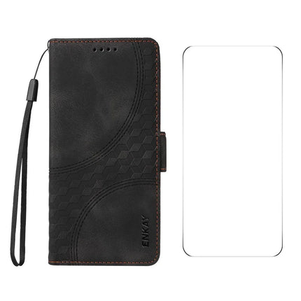 For OnePlus Nord CE4 5G Wallet Case ENKAY Imprint PU Leather Phone Stand Cover with Tempered Glass - Black