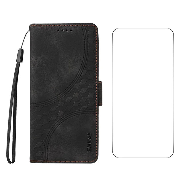 For OnePlus Nord CE4 5G Wallet Case ENKAY Imprint PU Leather Phone Stand Cover with Tempered Glass - Black