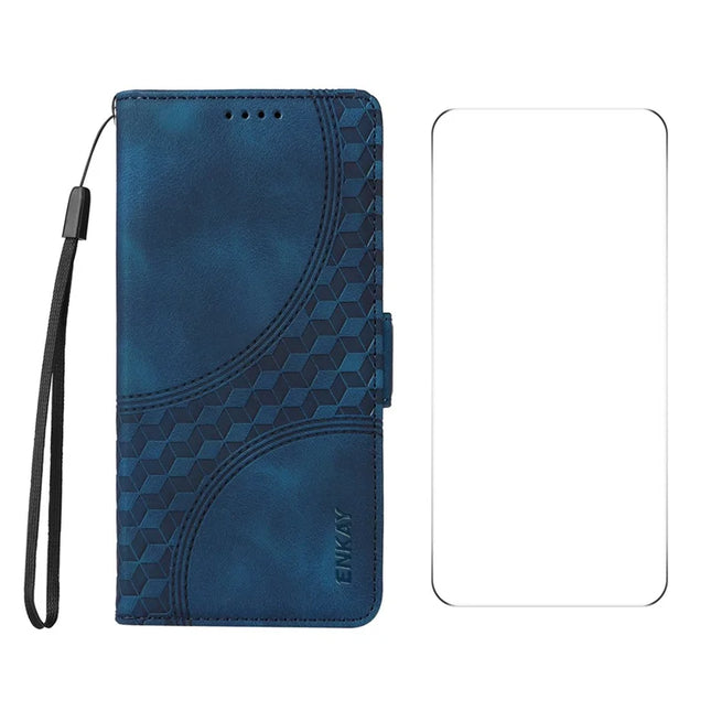 For OnePlus Nord CE4 5G Wallet Case ENKAY Imprint PU Leather Phone Stand Cover with Tempered Glass - Blue