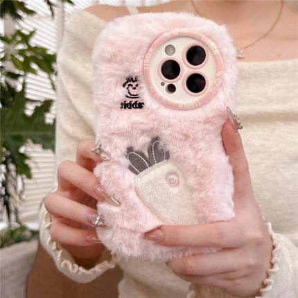 For iPhone 16 Pro Max Case Embroidery Carrot Rabbit Pearl Accents Furry TPU Phone Cover