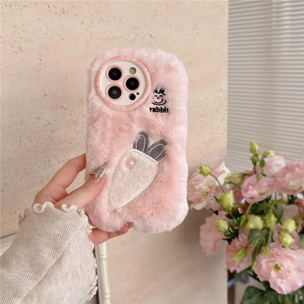 For iPhone 16 Pro Max Case Embroidery Carrot Rabbit Pearl Accents Furry TPU Phone Cover
