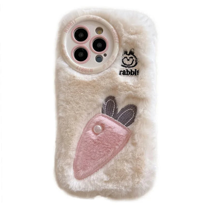 For iPhone 16 Pro Max Case Embroidery Carrot Rabbit Pearl Accents Furry TPU Phone Cover - White