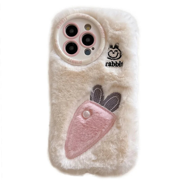 For iPhone 16 Pro Max Case Embroidery Carrot Rabbit Pearl Accents Furry TPU Phone Cover - White