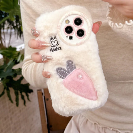 For iPhone 16 Pro Max Case Embroidery Carrot Rabbit Pearl Accents Furry TPU Phone Cover
