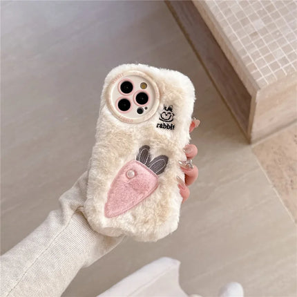 For iPhone 16 Pro Max Case Embroidery Carrot Rabbit Pearl Accents Furry TPU Phone Cover