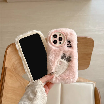 For iPhone 16 Pro Max Case Embroidery Carrot Rabbit Pearl Accents Furry TPU Phone Cover