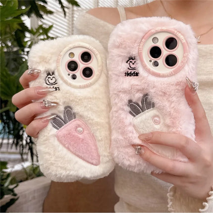 For iPhone 16 Pro Max Case Embroidery Carrot Rabbit Pearl Accents Furry TPU Phone Cover