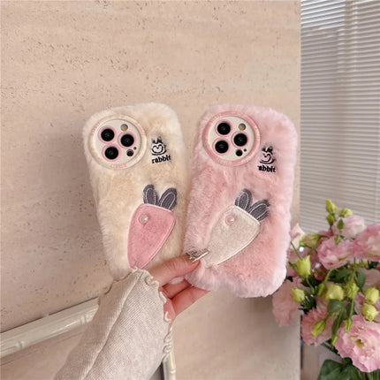 For iPhone 16 Pro Max Case Embroidery Carrot Rabbit Pearl Accents Furry TPU Phone Cover
