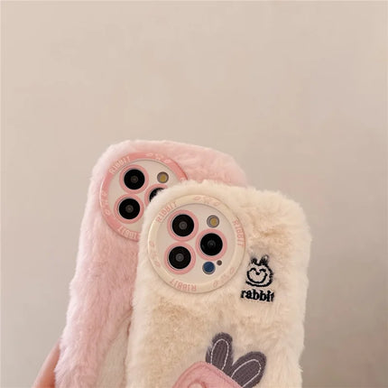 For iPhone 16 Pro Max Case Embroidery Carrot Rabbit Pearl Accents Furry TPU Phone Cover