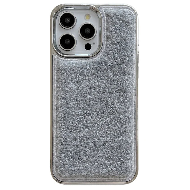 For iPhone 15 Pro Max Case Towel Felt Design TPU Electroplating Phone Cover - Grey