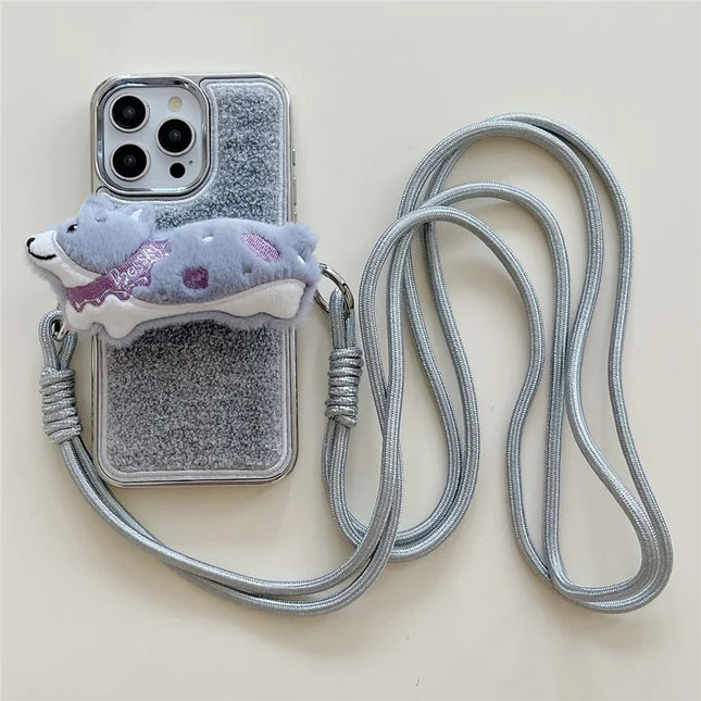 For iPhone 15 Pro Max Case Towel Felt Design TPU Electroplating Phone Cover with Phone Clip Lanyard - Grey