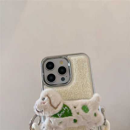 ShopCaseCart Case iPhone 15 Pro Max Protective cover Towel Felt Design TPU Electroplating Phone Guard with Phone Clip Lanyard