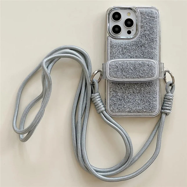 For iPhone 15 Pro Max Case Furry Soft TPU Electroplating Phone Cover with Crossbody Lanyard Back Clip - Grey