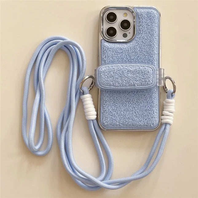 For iPhone 15 Pro Max Case Furry Soft TPU Electroplating Phone Cover with Crossbody Lanyard Back Clip - Blue