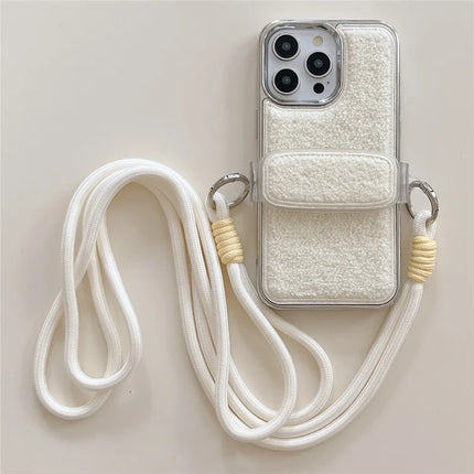 For iPhone 15 Pro Max Case Furry Soft TPU Electroplating Phone Cover with Crossbody Lanyard Back Clip - White