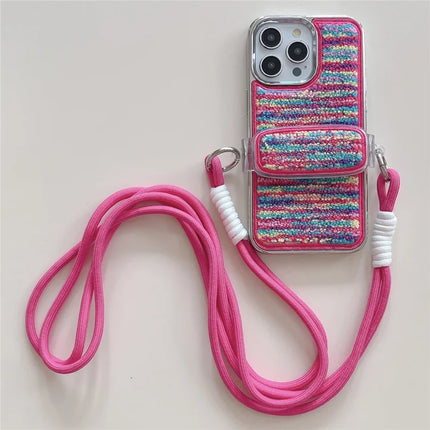 For iPhone 15 Pro Max Case Furry Soft TPU Electroplating Phone Cover with Crossbody Lanyard Back Clip - Colorful