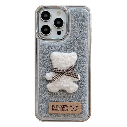 For iPhone 15 Pro Max Case Cute 3D Bear Towel Felt Texture TPU Electroplating Phone Cover - Grey