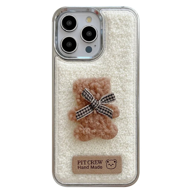 For iPhone 15 Pro Max Case Cute 3D Bear Towel Felt Texture TPU Electroplating Phone Cover - White