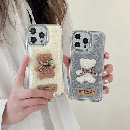 ShopCaseCart Case iPhone 15 Pro Max Protective cover Cute 3D Bear Towel Felt Texture TPU Electroplating Phone Guard