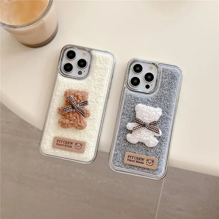 ShopCaseCart Case iPhone 15 Pro Max Protective cover Cute 3D Bear Towel Felt Texture TPU Electroplating Phone Guard