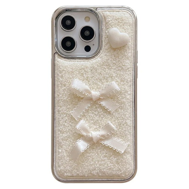 For iPhone 15 Pro Max Case Heart Bows Towel Felt Texture TPU Electroplating Phone Cover - White