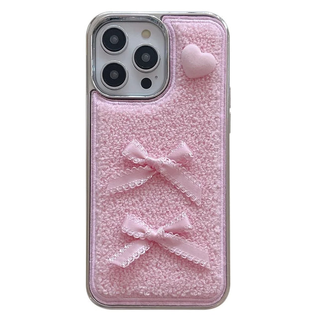 For iPhone 15 Pro Max Case Heart Bows Towel Felt Texture TPU Electroplating Phone Cover - Pink