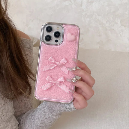 ShopCaseCart Case iPhone 15 Pro Max Protective cover Heart Bows Towel Felt Texture TPU Electroplating Phone Guard