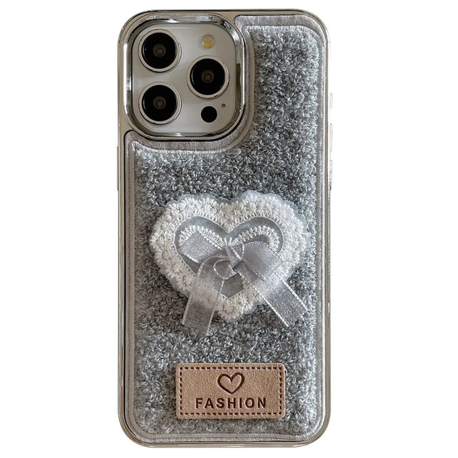 For iPhone 15 Pro Max Case 3D Lace Heart Towel Felt Texture TPU Electroplating Phone Cover - Grey