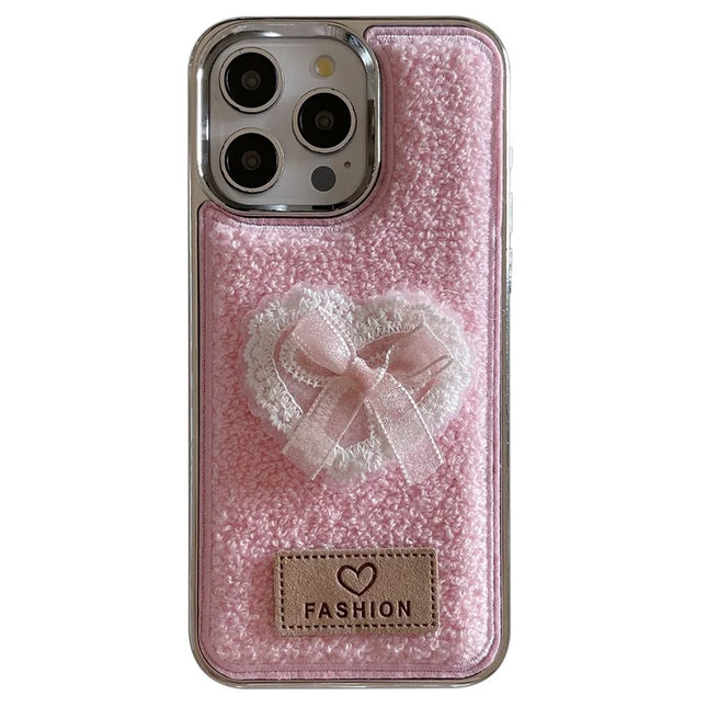 For iPhone 15 Pro Max Case 3D Lace Heart Towel Felt Texture TPU Electroplating Phone Cover - Pink