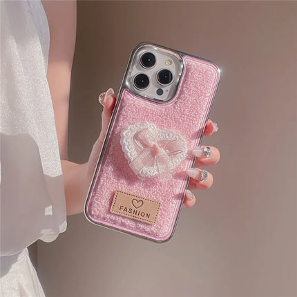 ShopCaseCart Case iPhone 15 Pro Max Protective cover 3D Lace Heart Towel Felt Texture TPU Electroplating Phone Guard