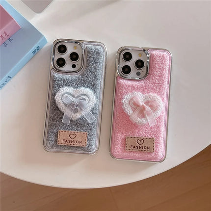 ShopCaseCart Case iPhone 15 Pro Max Protective cover 3D Lace Heart Towel Felt Texture TPU Electroplating Phone Guard