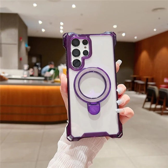 For Samsung Galaxy S23 Ultra Case Glitter Magnetic Kickstand Reinforced Corners Acrylic+TPU Phone Cover - Purple