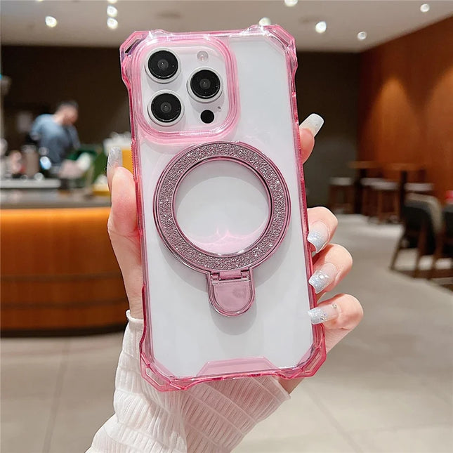 For iPhone 16 Pro Max Case Glitter Magnetic Kickstand Reinforced Corners Acrylic+TPU Phone Cover - Pink
