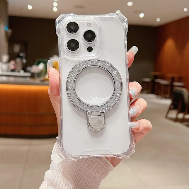 For iPhone 16 Pro Max Case Glitter Magnetic Kickstand Reinforced Corners Acrylic+TPU Phone Cover - White