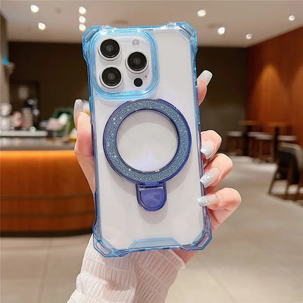 For iPhone 16 Pro Max Case Glitter Magnetic Kickstand Reinforced Corners Acrylic+TPU Phone Cover - Blue