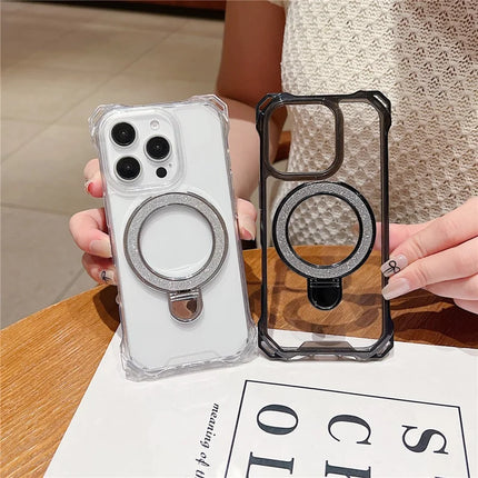 For iPhone 16 Pro Max Case Glitter Magnetic Kickstand Reinforced Corners Acrylic+TPU Phone Cover