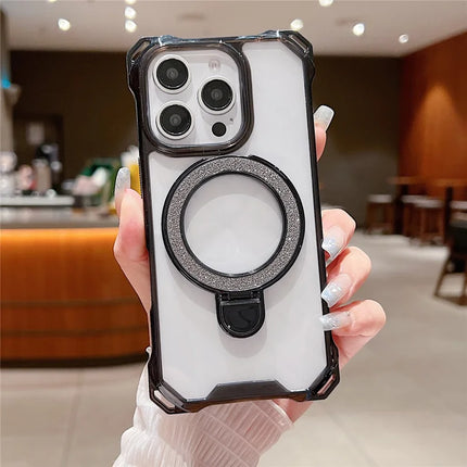 For iPhone 16 Pro Max Case Glitter Magnetic Kickstand Reinforced Corners Acrylic+TPU Phone Cover - Black