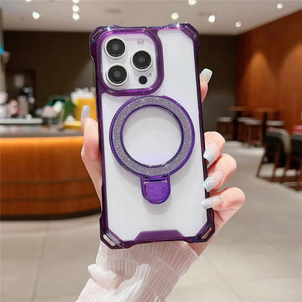 For iPhone 16 Pro Case Glitter Magnetic Kickstand Reinforced Corners Acrylic+TPU Phone Cover - Purple