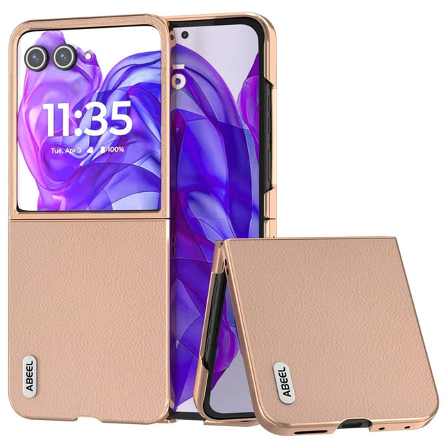 ABEEL For Motorola Razr 50 Ultra 5G Case Electroplating Phone Cover Horizon Series Genuine Cow Leather+TPU Protective Case - Pink