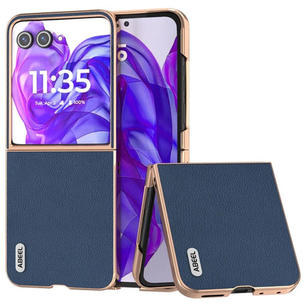 ABEEL For Motorola Razr 50 Ultra 5G Case Electroplating Phone Cover Horizon Series Genuine Cow Leather+TPU Protective Case - Blue