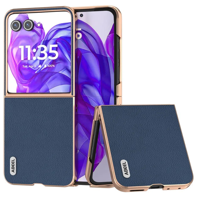 ABEEL For Motorola Razr 50 Ultra 5G Case Electroplating Phone Cover Horizon Series Genuine Cow Leather+TPU Protective Case - Blue