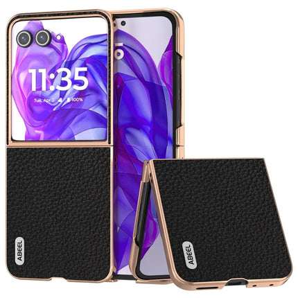 ABEEL For Motorola Razr 50 Ultra 5G Case Electroplating Phone Cover Star Series Genuine Cow Leather+TPU Protective Case - Black