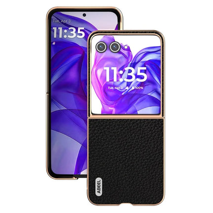 ABEEL For Motorola Razr 50 Ultra 5G Case Electroplating Phone Cover Star Series Genuine Cow Leather+TPU Protective Case