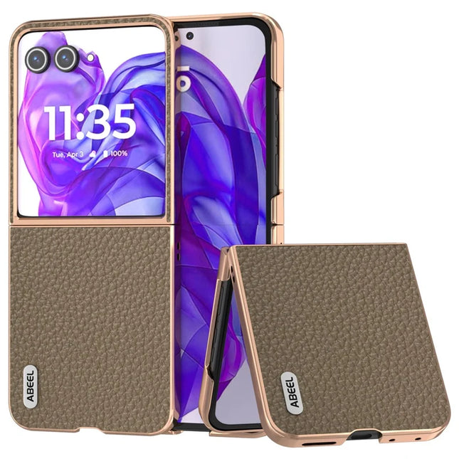 ABEEL For Motorola Razr 50 Ultra 5G Case Electroplating Phone Cover Star Series Genuine Cow Leather+TPU Protective Case - Grey